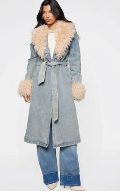 Vintage Faux Fur Trim Belted Trench Coat