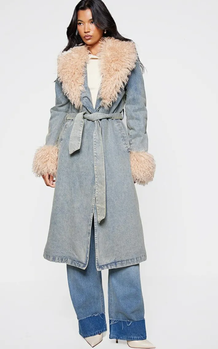 Vintage Faux Fur Trim Belted Trench Coat