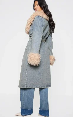 Vintage Faux Fur Trim Belted Trench Coat