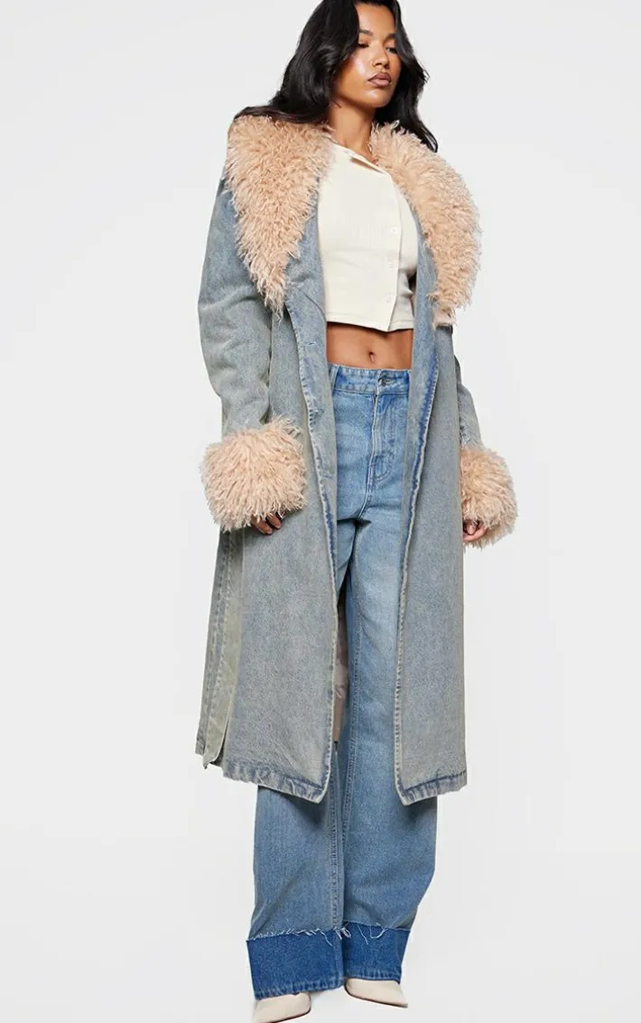 Vintage Faux Fur Trim Belted Trench Coat