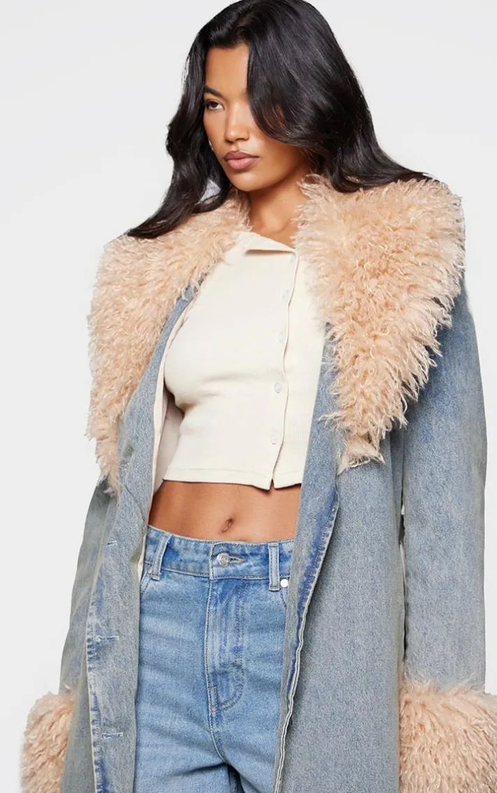 Vintage Faux Fur Trim Belted Trench Coat