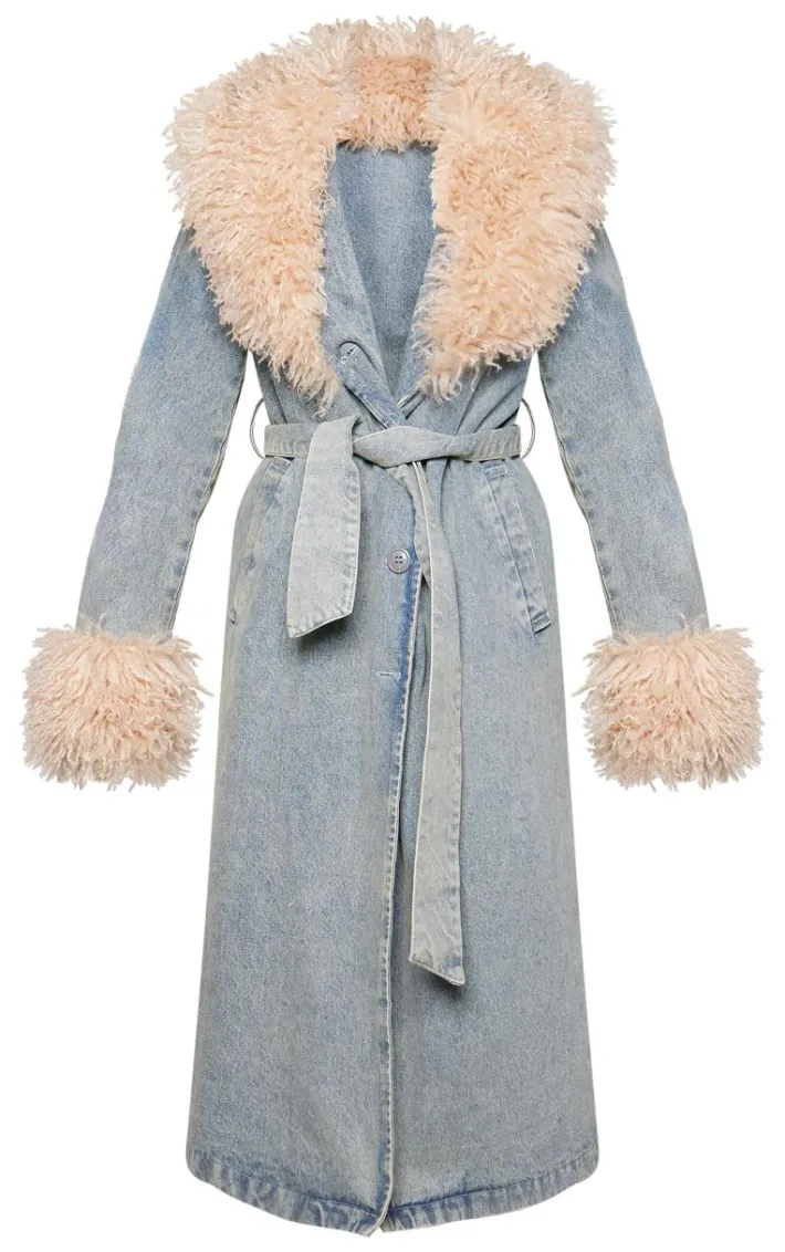 Vintage Faux Fur Trim Belted Trench Coat