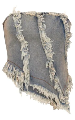 Vintage Frayed Asymmetric Detail Bandeau Denim Top