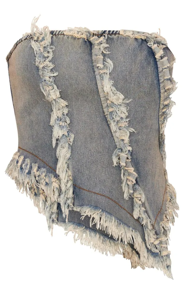 Vintage Frayed Asymmetric Detail Bandeau Denim Top