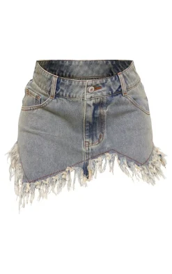Vintage Frayed Asymmetric Detail Denim Micro Mini Skirt