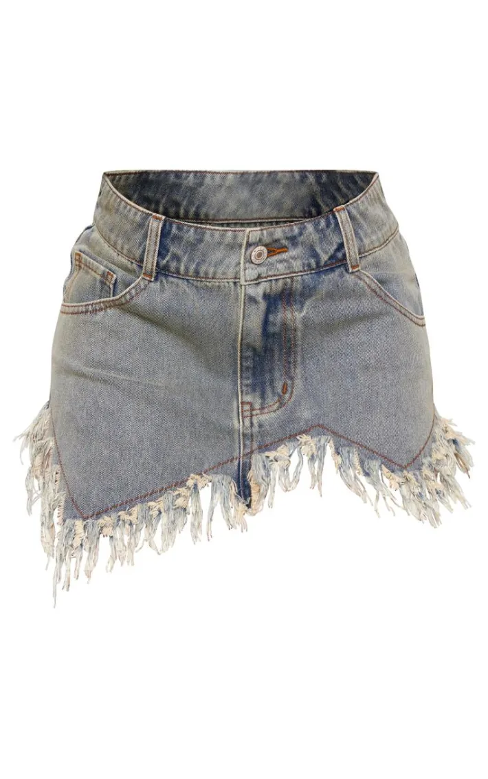 Vintage Frayed Asymmetric Detail Denim Micro Mini Skirt