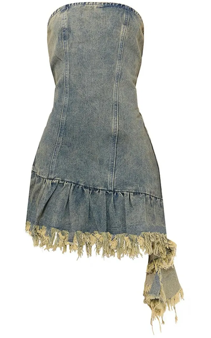 Vintage Frayed Ruffle Asymmetric Hem Denim Mini Dress