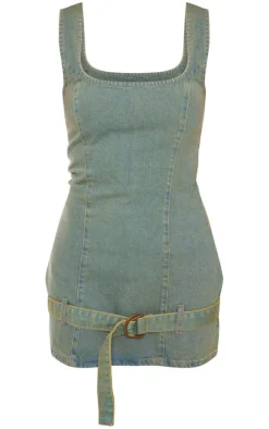 Vintage Green Tint Belted Denim Dress