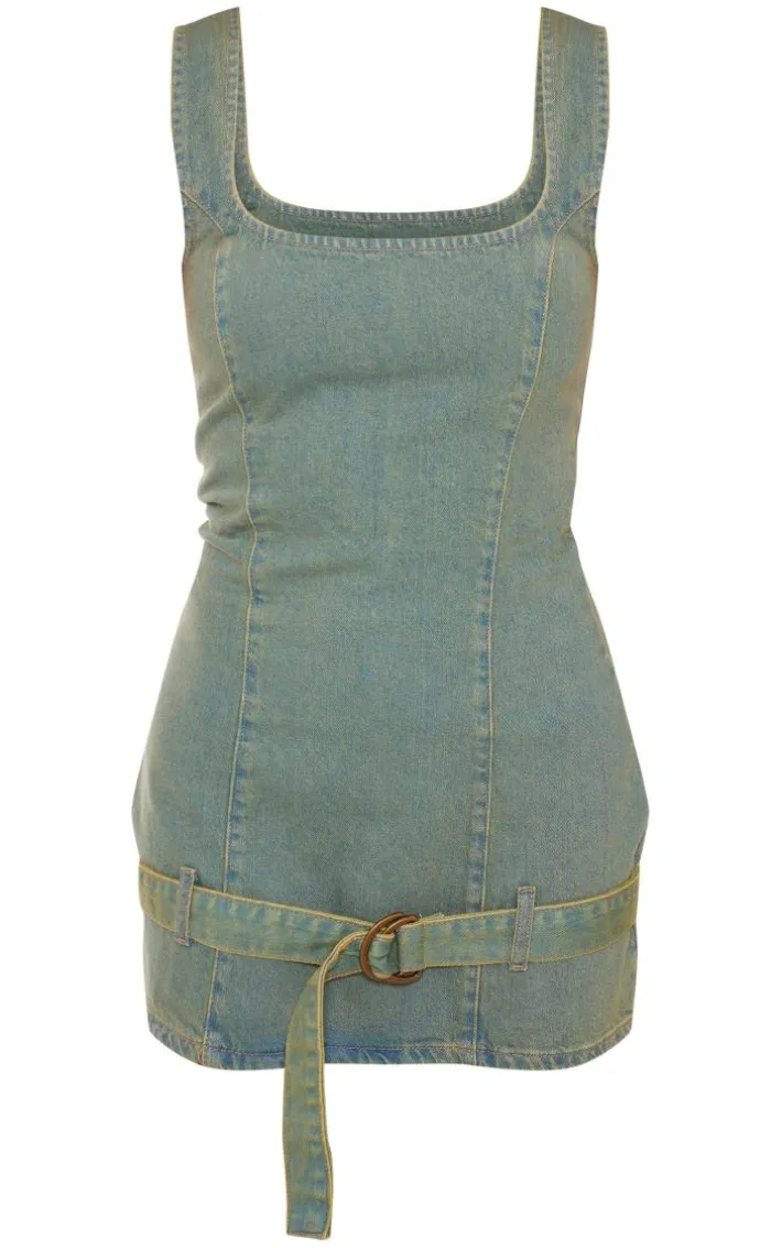 Vintage Green Tint Belted Denim Dress