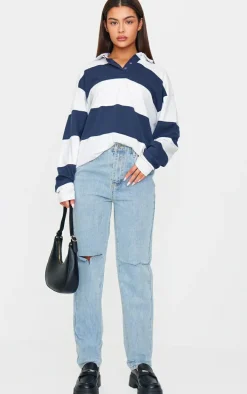 Vintage Light Blue Wash Slash Knee Long Leg Straight Leg Jeans