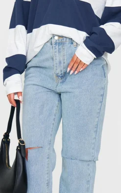 Vintage Light Blue Wash Slash Knee Long Leg Straight Leg Jeans