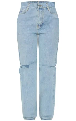 Vintage Light Blue Wash Slash Knee Long Leg Straight Leg Jeans