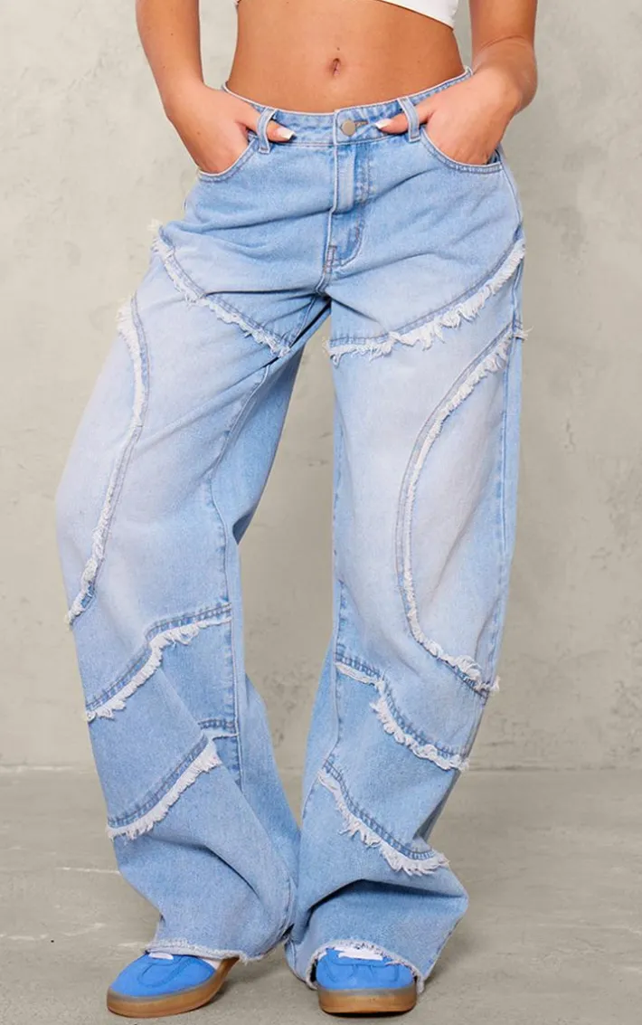 Vintage Light Wash Asymmetric Frayed Detail Mid Rise Straight Leg Jeans