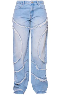 Vintage Light Wash Asymmetric Frayed Detail Mid Rise Straight Leg Jeans