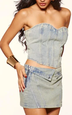 Vintage Light Wash Biker Waistband Detail Denim Mini Skirt