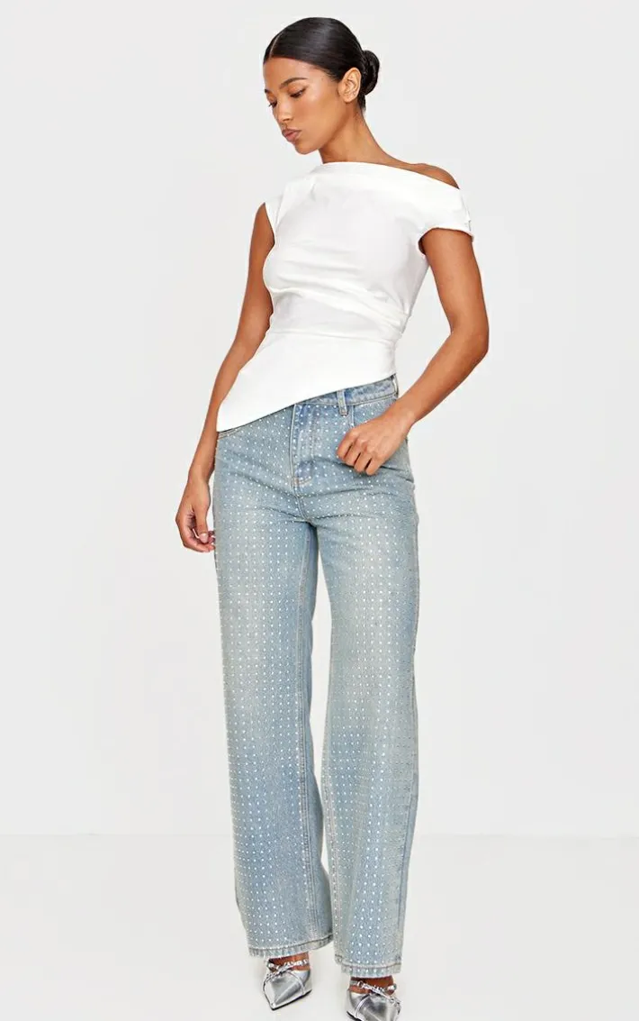 Vintage Light Wash Diamante Front Straight Leg Jeans
