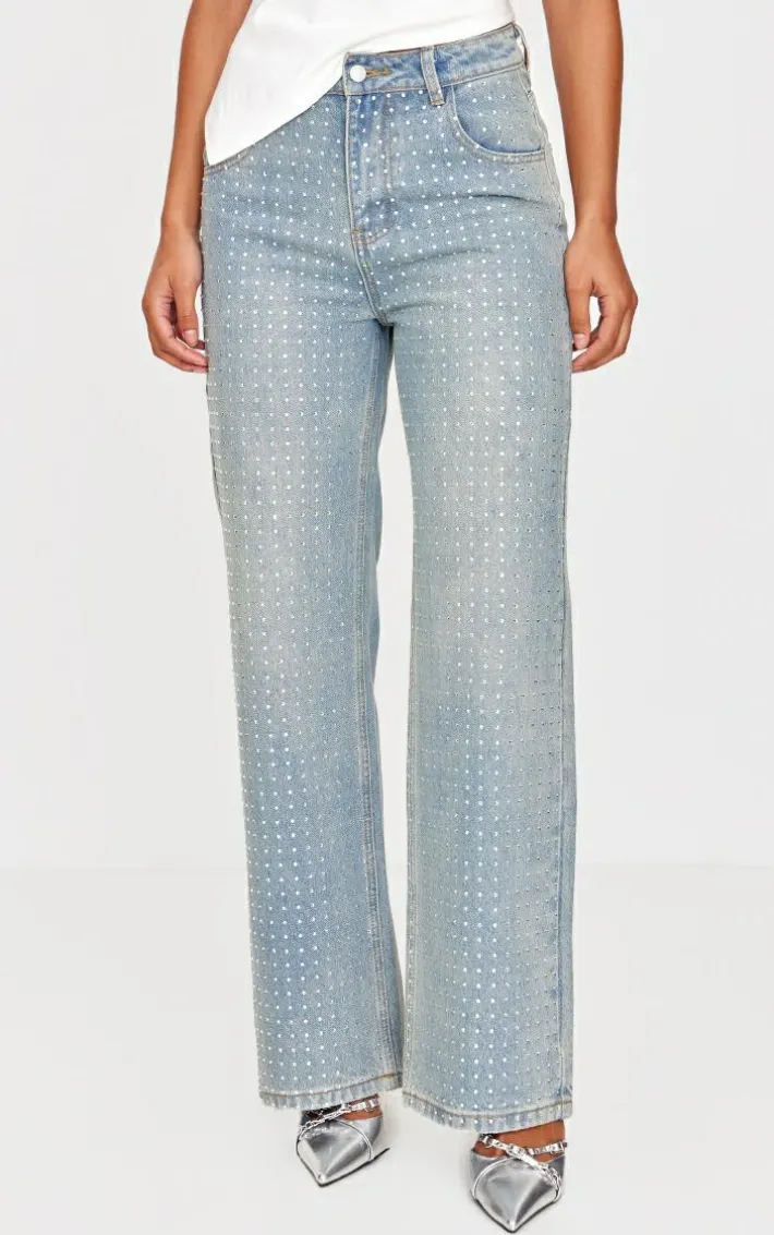 Vintage Light Wash Diamante Front Straight Leg Jeans