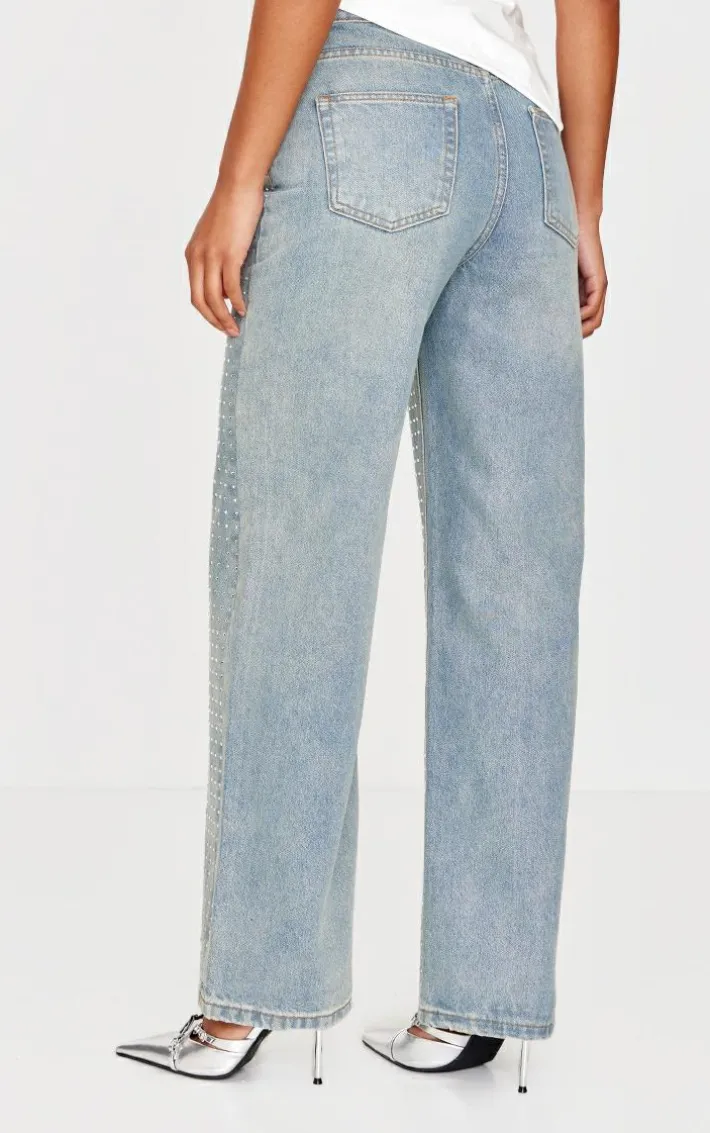 Vintage Light Wash Diamante Front Straight Leg Jeans