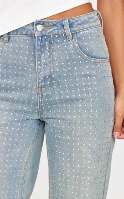 Vintage Light Wash Diamante Front Straight Leg Jeans