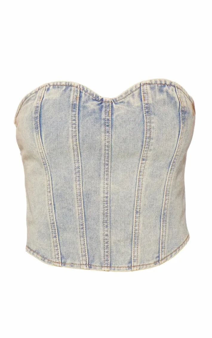 Vintage Light Wash Seam Detail Denim Corset Top
