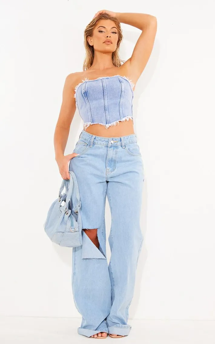 Vintage Light Wash Tie Back Raw Edge Handkerchief Denim Top