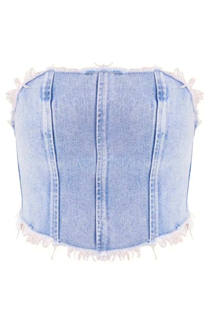 Vintage Light Wash Tie Back Raw Edge Handkerchief Denim Top