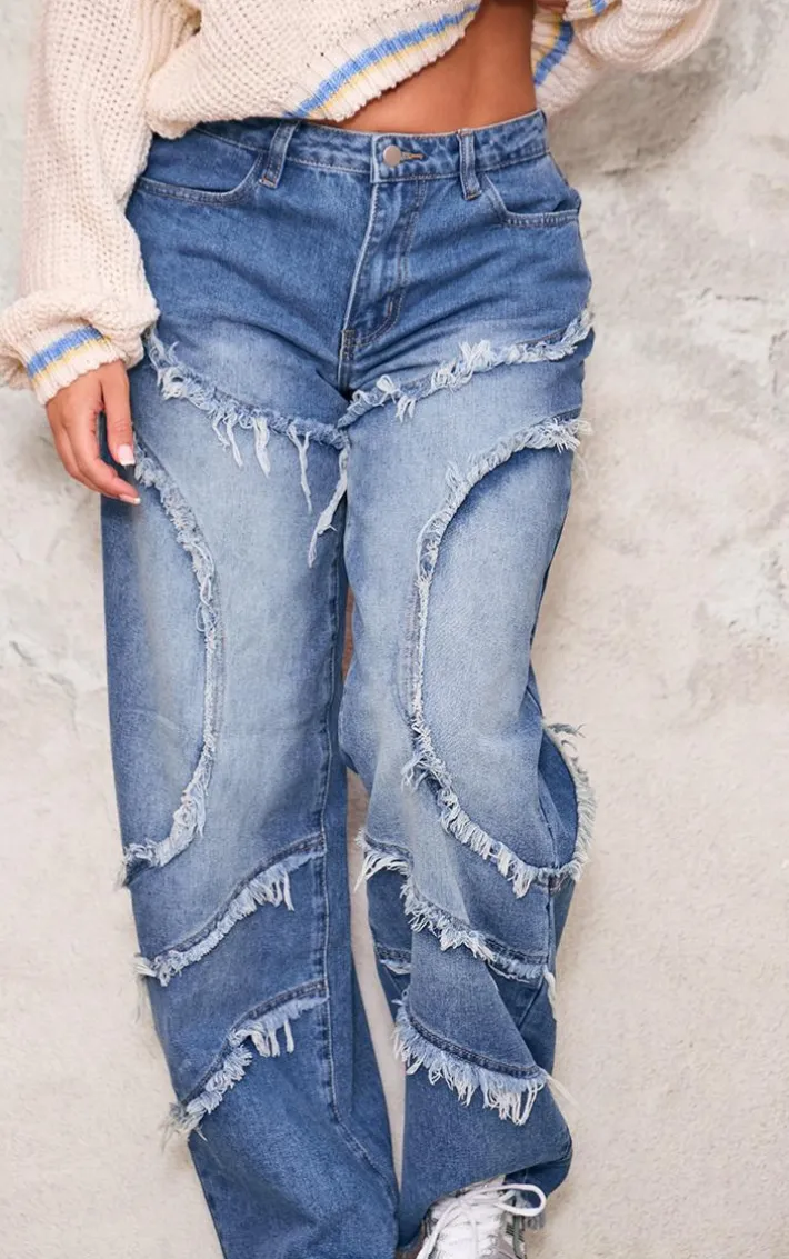 Vintage Mid Wash Asymmetric Frayed Detail Mid Rise Straight Leg Jeans