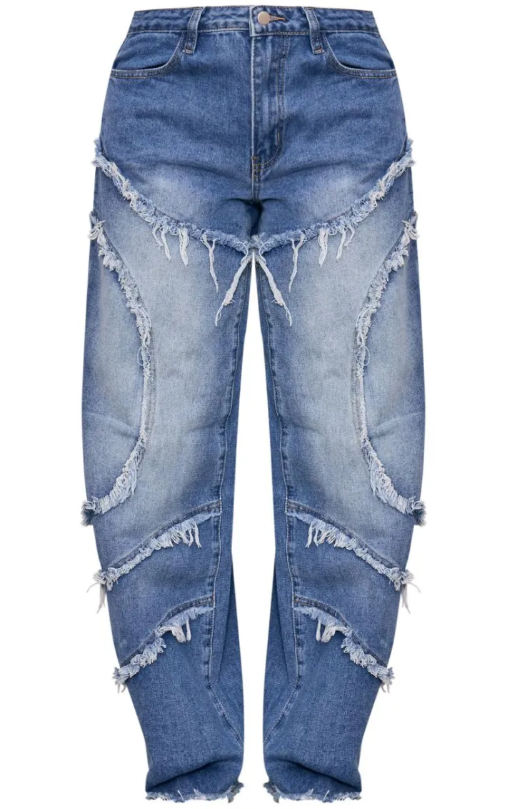 Vintage Mid Wash Asymmetric Frayed Detail Mid Rise Straight Leg Jeans
