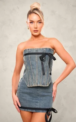 Vintage Mid Wash Contrast Bow Detail Denim Corset Top