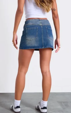 Vintage Mid Wash Contrast Seam Detail Brushed Denim Mini Skirt