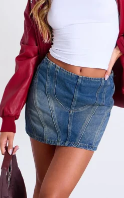 Vintage Mid Wash Contrast Seam Detail Brushed Denim Mini Skirt