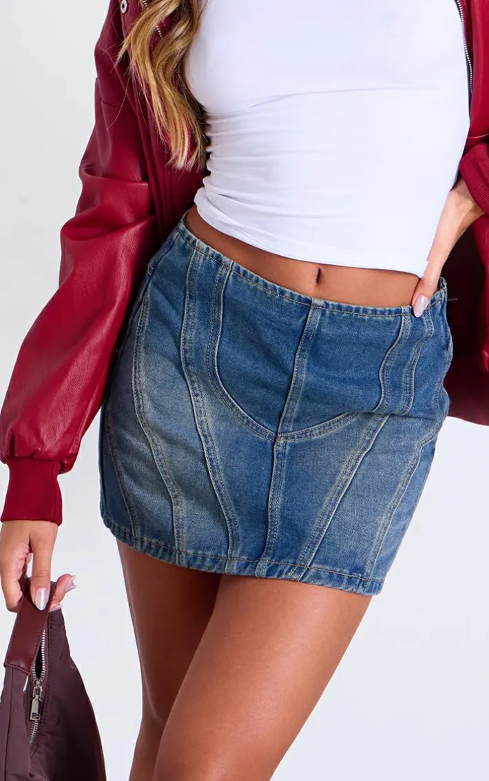 Vintage Mid Wash Contrast Seam Detail Brushed Denim Mini Skirt