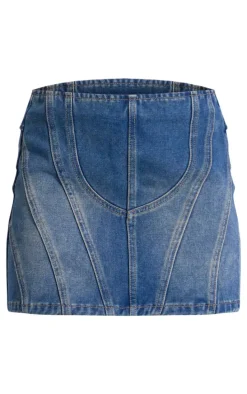 Vintage Mid Wash Contrast Seam Detail Brushed Denim Mini Skirt