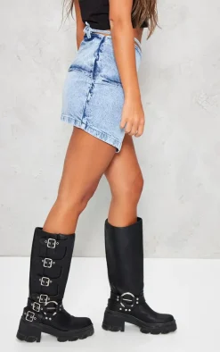 Vintage Mid Wash Double Layer Tie Side Denim Mini Skirt