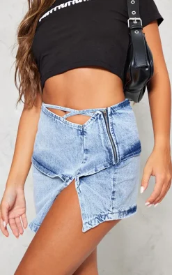 Vintage Mid Wash Double Layer Tie Side Denim Mini Skirt