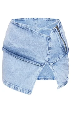 Vintage Mid Wash Double Layer Tie Side Denim Mini Skirt
