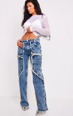 Vintage Mid Wash Frayed Edge Wide Leg Jeans