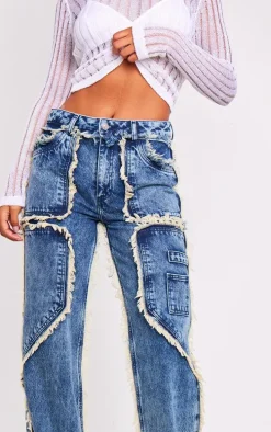Vintage Mid Wash Frayed Edge Wide Leg Jeans
