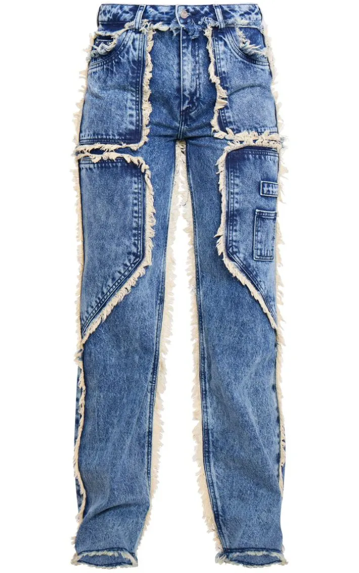 Vintage Mid Wash Frayed Edge Wide Leg Jeans