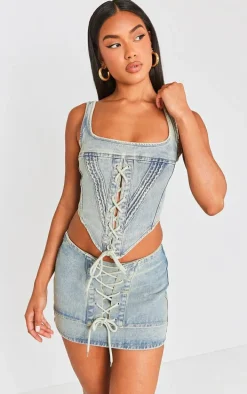 Vintage Mid Wash Lace Front Square Neckline Denim Top