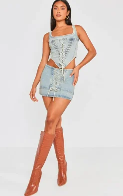 Vintage Mid Wash Lace Front Denim Mini Skirt