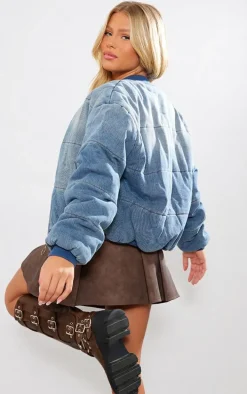Vintage Mid Wash Quilted Oversized Denim Bomber Jacket