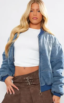 Vintage Mid Wash Quilted Oversized Denim Bomber Jacket