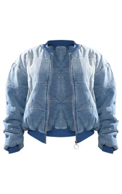 Vintage Mid Wash Quilted Oversized Denim Bomber Jacket