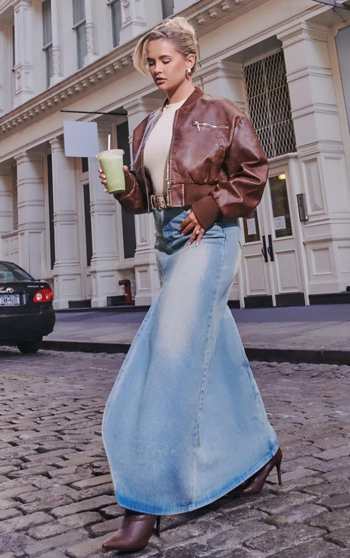 Vintage Mid Wash Split Front Denim Maxi Skirt