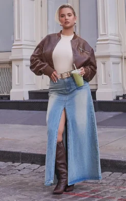 Vintage Mid Wash Split Front Denim Maxi Skirt