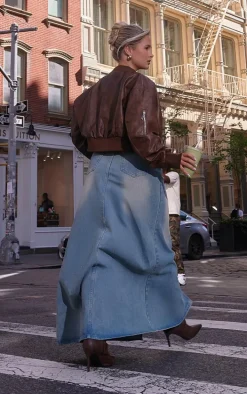 Vintage Mid Wash Split Front Denim Maxi Skirt