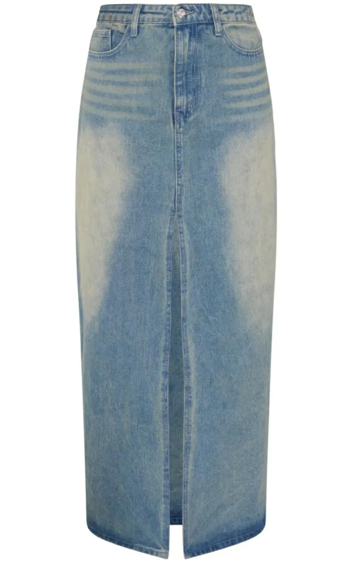 Vintage Mid Wash Split Front Denim Maxi Skirt