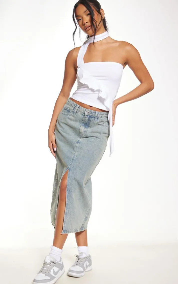 Vintage Mid Wash Split Front Mid Rise Denim Midi Skirt