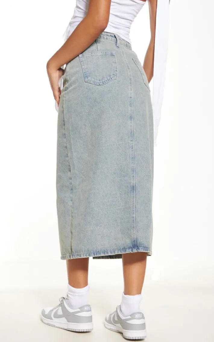 Vintage Mid Wash Split Front Mid Rise Denim Midi Skirt